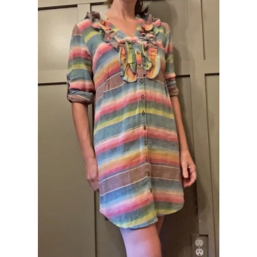 TASHA Polizzi Rainbow Stripe Serape Style Button Down Long Sleeve Shirt Dress S